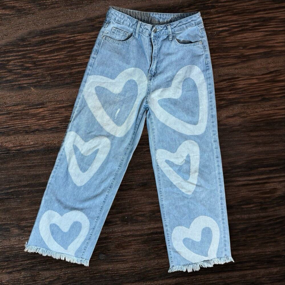 Shein Wide Leg Jeans‎ Sz S Denim Hearts High Rise Loose Baggy Grunge Fringe Fray